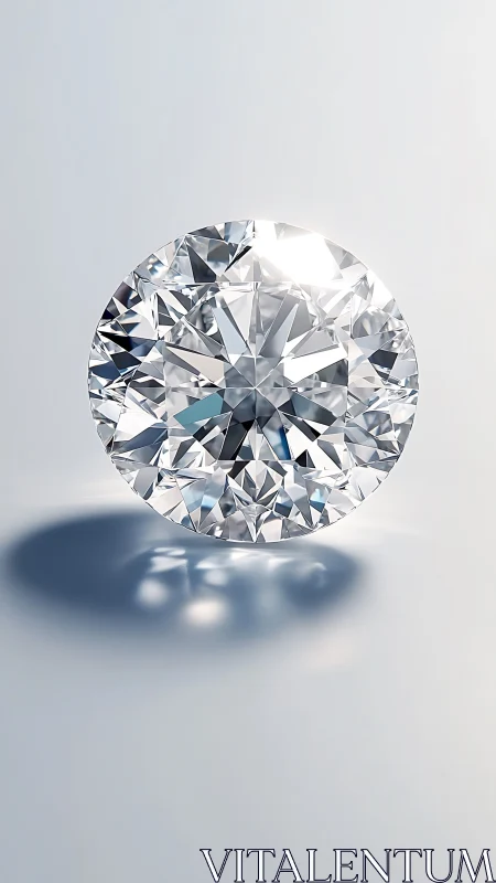 Round brilliant cut diamond on pale reflective surface.