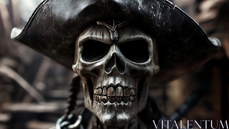 Weathered pirate skull portrait with tricorne hat close-up