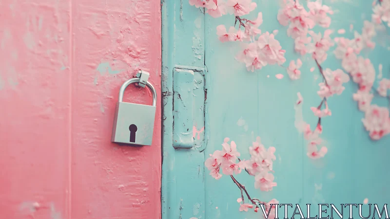 Pastel door with silver padlock and blooming cherry branches.
