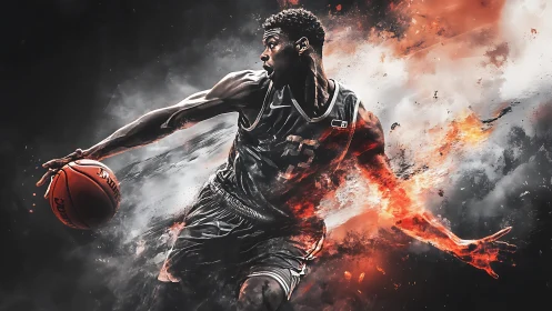 Basketball player in dynamic sideways dribble motion.