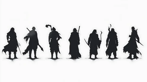 Silhouetted fantasy warriors align in high-contrast character study