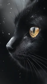 Piercing Golden Gaze of a Black Cat in Darkness