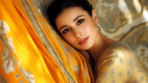 Elegant woman resting in golden embroidered silk fabric.