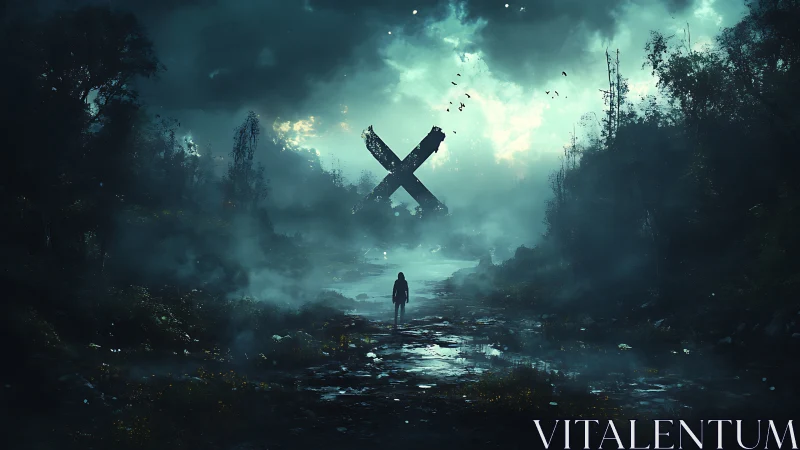 Lone wanderer under colossal fallen X in misted valley.