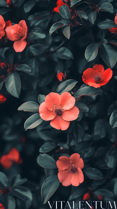 Vibrant Red Blooms Dancing in Moody Garden Light.