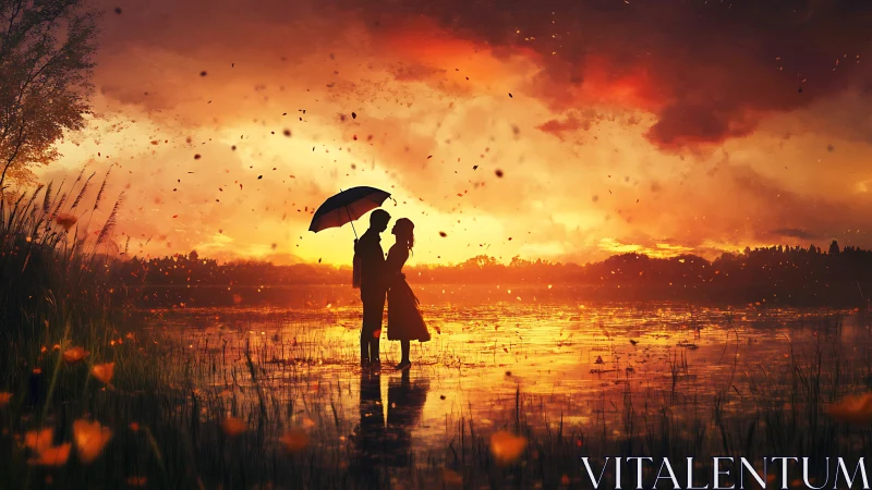 Silhouettes Under Umbrella at Fiery Sunset Over Water.