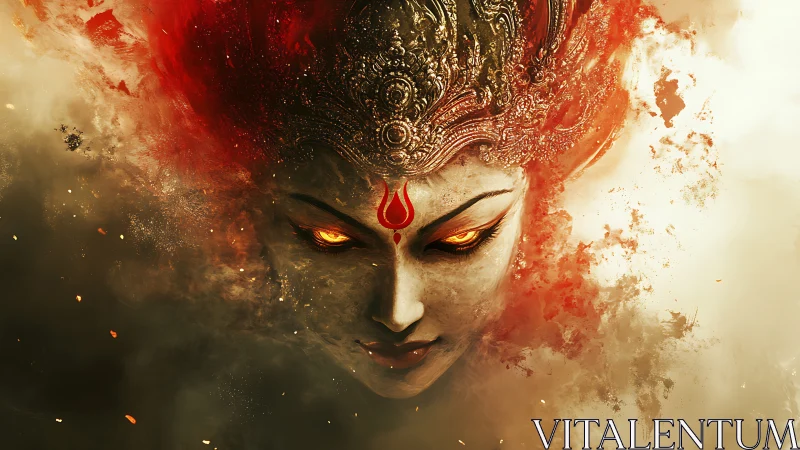 Fiery goddess gaze emerging from swirling sacred smoke.