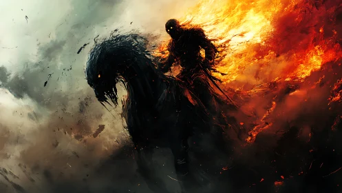 Infernal rider on shadow steed emerges through dynamic fire vortex