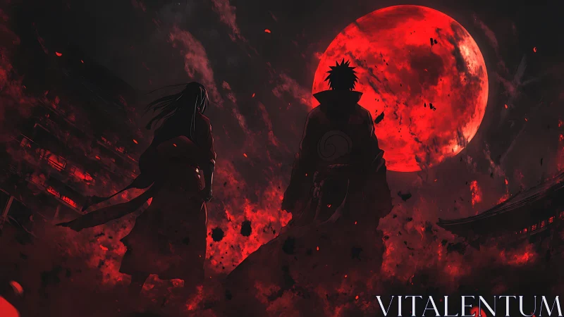 Anime red moon confrontation with backlit dual silhouettes.