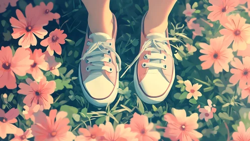 Soft-focus sneakers in floral ground plane, digital painting.