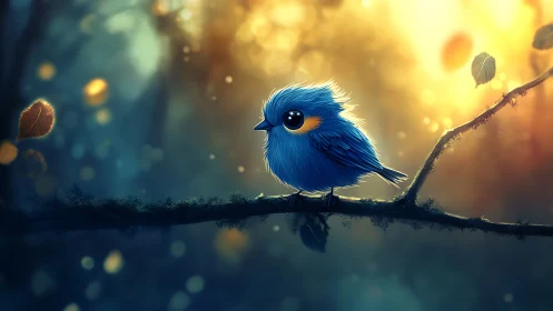 Whimsical blue bird illustration on a branch with glowing forest light.
