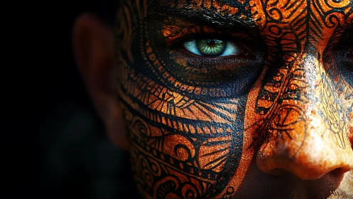 Intense gaze emerges through vivid tribal face paint patterns