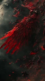 Red mechanical winged forms in dense dark atmospheric field.