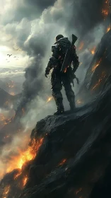 Lone exosuit sentinel overlooking a stormlit volcanic warfront.