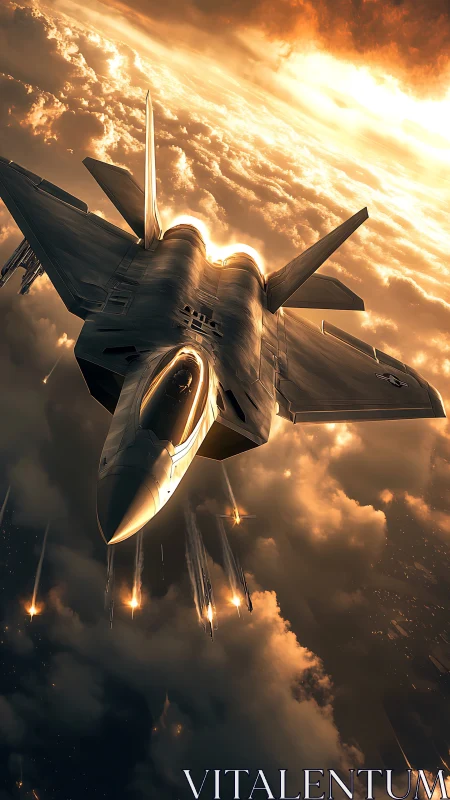 Stealth fighter jet over clouds during intense airstrike.