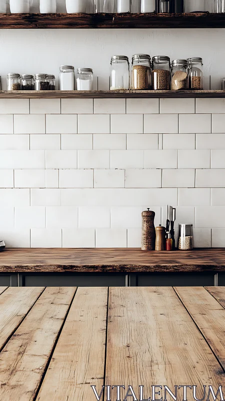 Wood countertop and jars align against tiled kitchen wall