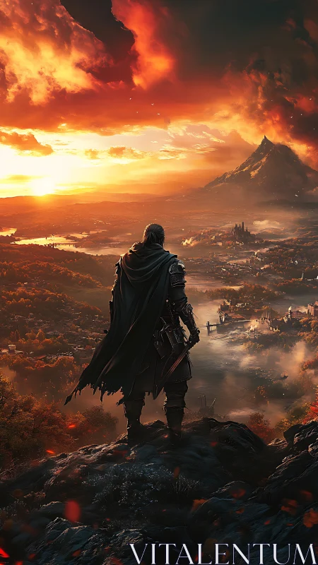 Lone dusk wanderer surveying ember-lit valley kingdom.