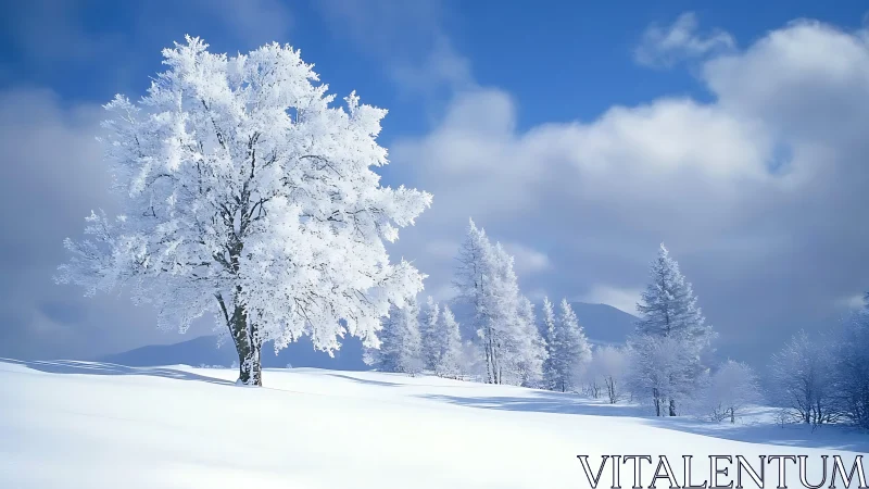 Snow covered trees on open hillside under cloudy blue sky.