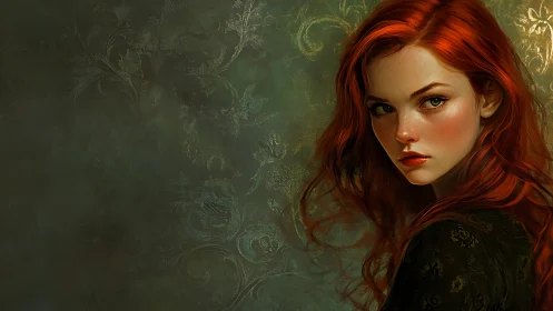 Ember-haired girl smolders against brocade green silence.