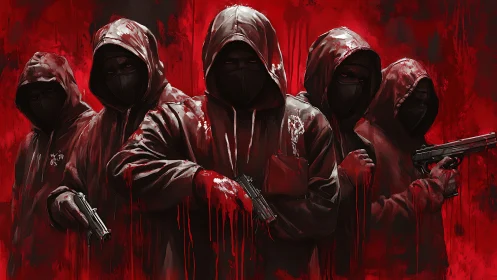 Armed masked figures emerge from a blood-red abstract haze