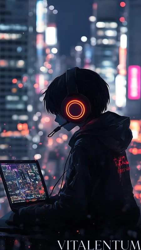 Night city gamer wrapped in neon glow and quiet focus.