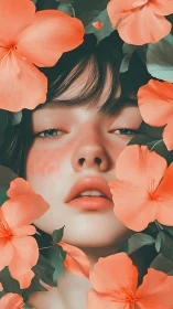 Floral portrait of serene girl framed by vivid hibiscus blooms.