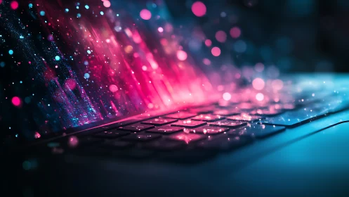 Neon data streams erupt across a laptop keyboard in cyber light