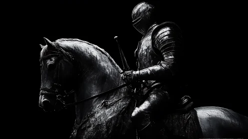 Armored mounted knight is rendered against black background