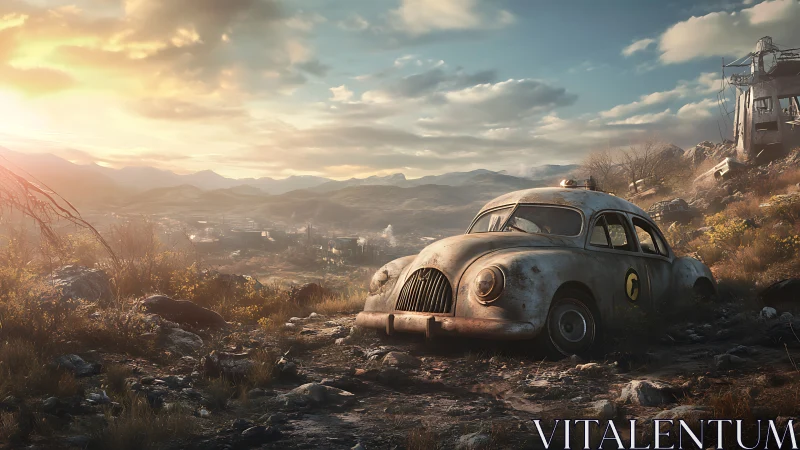 Rusting retro taxi decomposes in sunlit post-apocalyptic valley