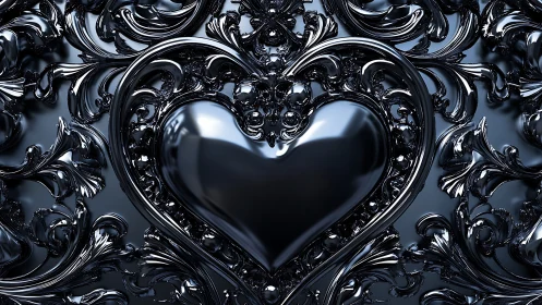 Reflective Ebony Heart Form Within Ornamental Baroque Relief Structure.