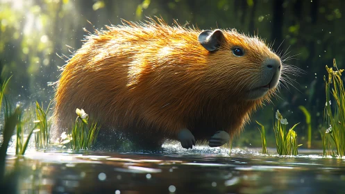 Golden-furred capybara walks through shallow forest water