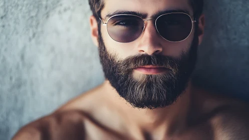 Close portrait of bearded man wearing round sunglasses.