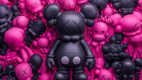 Matte vinyl figurine swarm in magenta-black sculptural cavity.