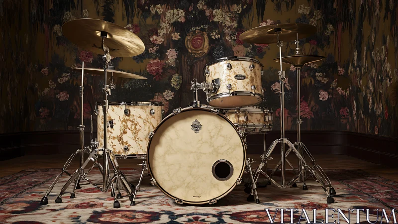 Marble finish drum kit staged against ornate floral backdrop