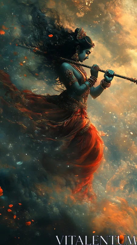 Mythic female figure with flute in swirling clouds and embers.