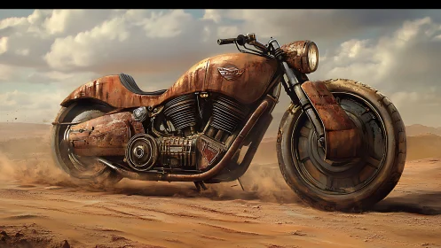 Rust-colored desert motorcycle with retro-futuristic design.