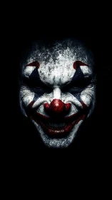 Sinister clown portrait in dark high contrast lighting.