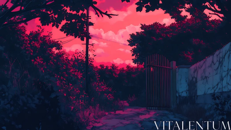 Twilight garden gate opening onto a dreamy neon sunset path.