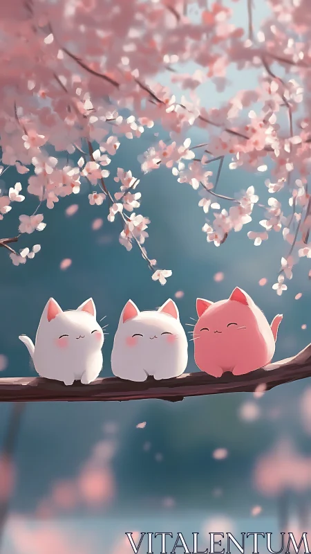 Kawaii Cats Beneath Cherry Blossom Canopy: 3D Digital Illustration.