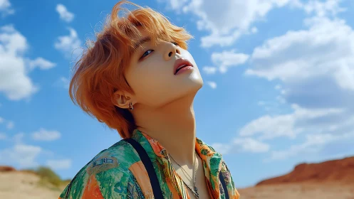 Stylized desert portrait of red‑haired youth under midday sky