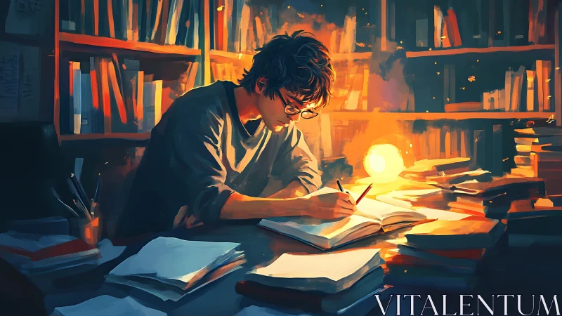 Intense late night study session in warm library lamplight