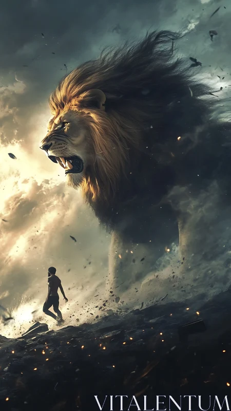 Giant lion silhouette behind human figure in stormy scene.