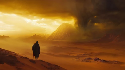 Lone wanderer crosses stormlit desert beneath burning sky