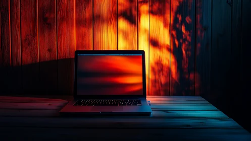 Laptop on wooden desk with contrasting warm and cool light.