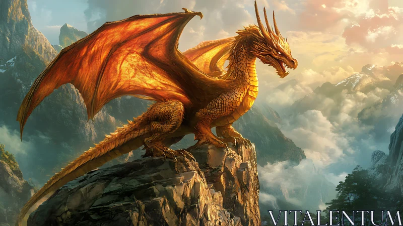 Golden mountain dragon basking in soft sunrise light.