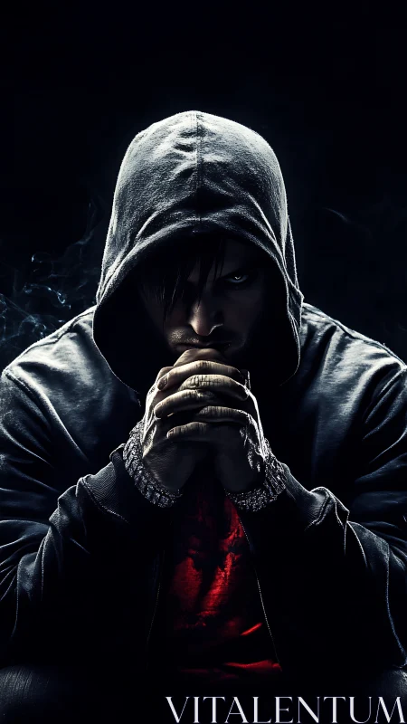 Brooding hooded man contemplates in dramatic low-key light