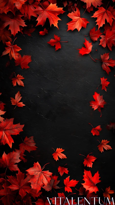 Crimson maple foliage framing dark slate surface plane.