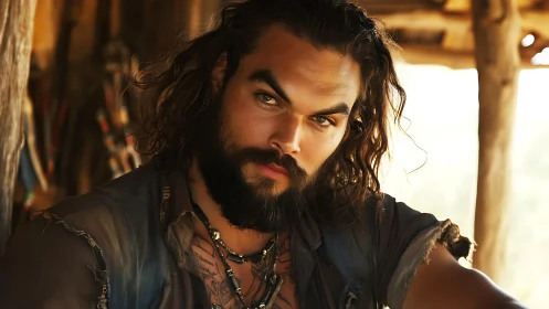 Cinematic close-up of rugged bearded man in warm directional light