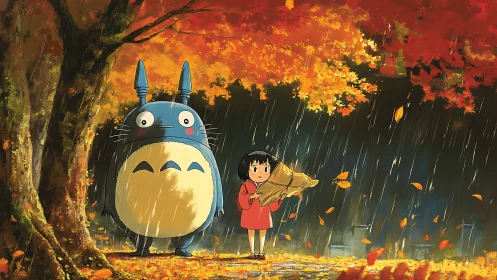 Rainy forest guardians share golden leaves and quiet wonder.