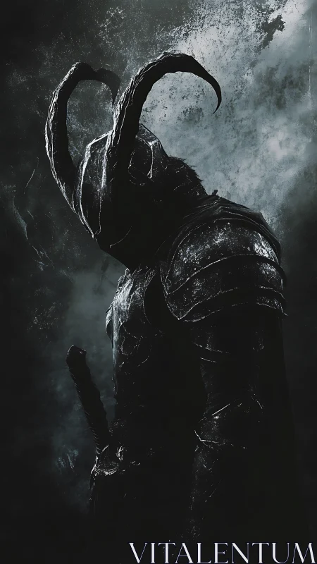 Horned dark knight rendered in high-contrast digital chiaroscuro